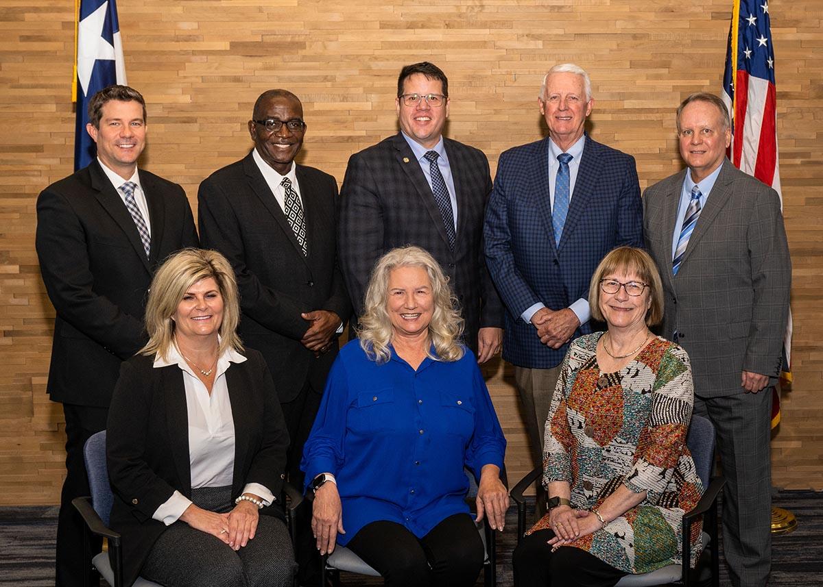 The seven Grayson College Board of Trustees Members plus the College President